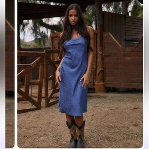 Aubrey blue satin jacquard dress